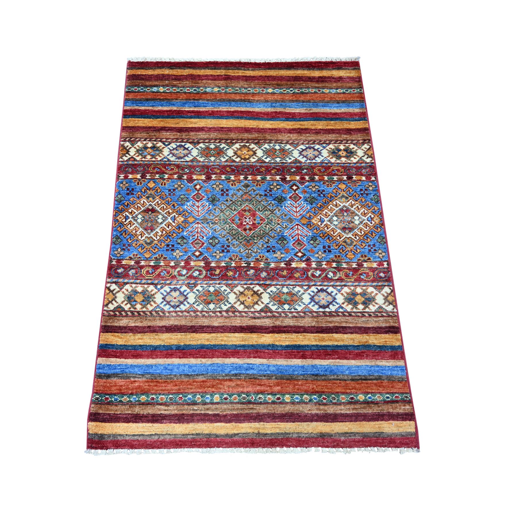 Colorful, Afghan Super Kazak with Khorjin Design, Hand Knotted, Pure Wool, Vegetable Dyes, Sample, Mat, Oriental Rug